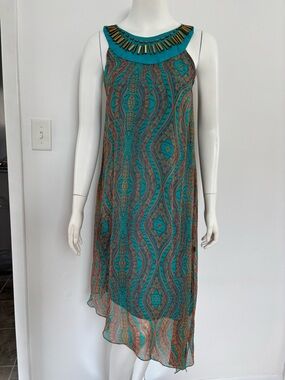 Embellished 100%Silk Teal Asymmetrical Midi Dress